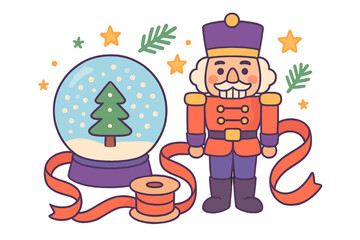 Traditional Christmas Nutcracker toy standing next to a festive snow globe with a fir tree