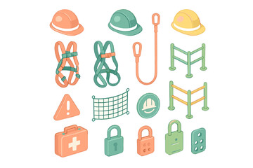 Isometric set of construction safety equipment, security tools, hard hats, harnesses, barriers, and padlocks