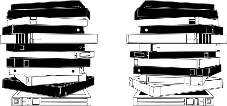 stack of VHS tapes, different angles, black and white, minimalist style, vector illustration