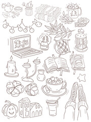 Cozy winter doodles hand drawn sketch set cup with marshmallows home comfort warmth objects cute style cartoon books candles