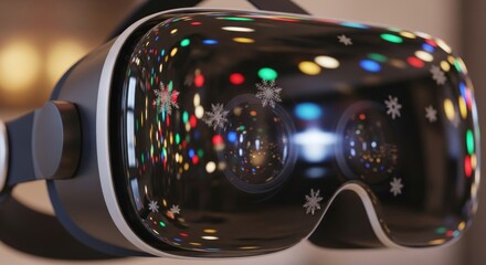 VR headset reflecting Christmas lights and snowflakes, hinting at virtual festive experience