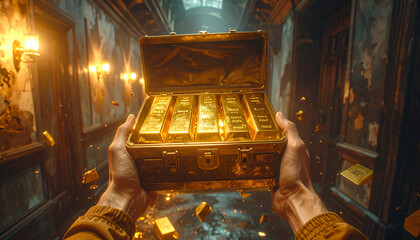 Close-up of hands holding an open metal case filled with shiny gold bars in a dim hallway, symbolizing wealth, success, and hidden treasure.