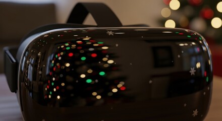 VR headset reflects Christmas tree lights in shallow depth of field