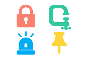 Simple graphic symbols set featuring padlock, clamp, alarm light, and pushpin icons
