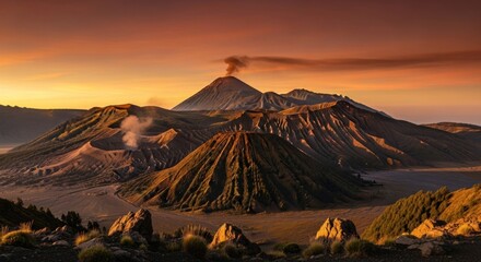 Volcanic peaks under an orange sky, plumes of smoke rising during sunrise