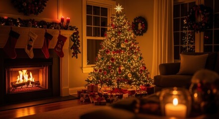 Warm cozy living room with lit fireplace and decorated Christmas tree