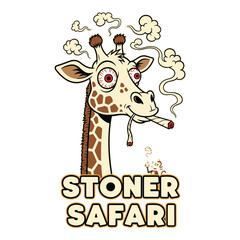 Humorous illustration of a cartoon giraffe with red eyes smoking a marijuana joint surrounded by smoke clouds and text stoner safari vector illustration