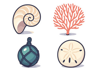Stylized marine objects set with nautilus shell, branching coral, fishing float, and sand dollar © Mark