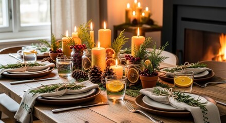 Warm, lit dinner table setting with candles and natural decor