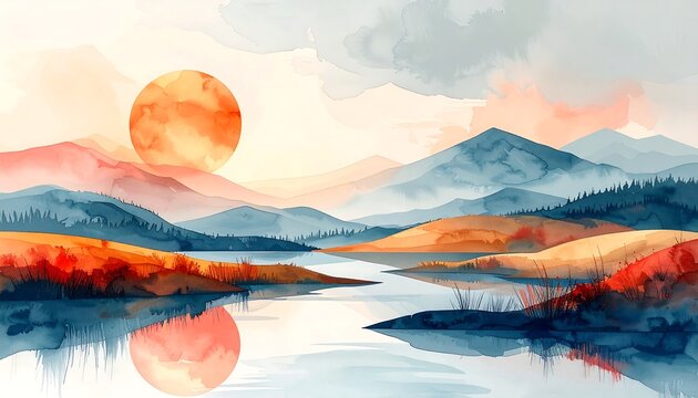 Serene watercolor landscape depicting a vibrant sunset over layered mountains, a calm lake reflects the warm colors, and trees silhouette the horizon - Powered by Adobe