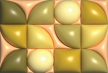 Abstract golden background with gold silver 3D illustration of a sphere bubble with light reflection and a round pattern design