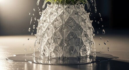 Water cascades over a geometric, pineapple-like form, creating a unique visual effect