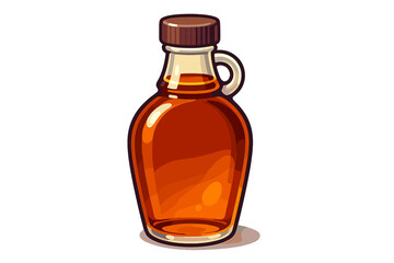 Glass jug of rich amber maple syrup with a brown cap isolated on white background