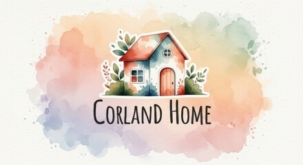 Watercolor home illustration, leaves, and text against a colorful abstract background