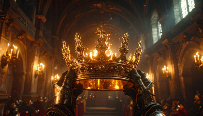 Close-up of a knight’s armored hands holding an ornate golden crown in a grand candle-lit hall, symbolizing power, royalty, victory, and honor.