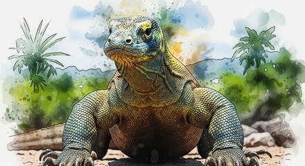 Watercolor illustration of a Komodo dragon, frontal view, with foliage and mountain backdrop