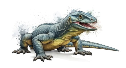 Watercolor style depiction of a Komodo dragon, rendered in vibrant blues and yellows, on white
