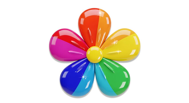 Vibrant rainbow colored inflatable flower toy with glossy petals isolated on a clean white background