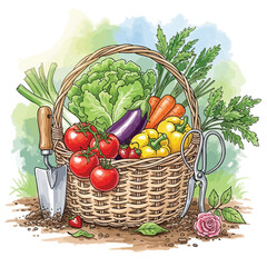 Vector Illustration of Vegetable Basket with Tomatoes Carrots Lettuce Eggplant and Herbs in Organic Style for Food Market and Gardening Design
