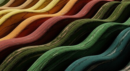 Wavy layers of textured, colorful organic material, like wood and grass