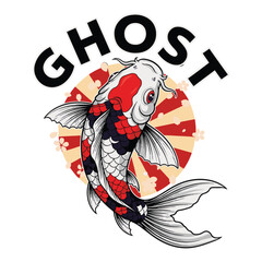 Stylized koi fish with ghost text and sunburst background illustration