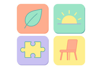 Pastel colored icons set featuring leaf, sun, puzzle piece, and chair symbols