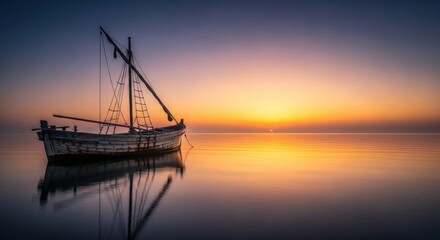 Weathered boat on calm sea reflecting sunset's golden light