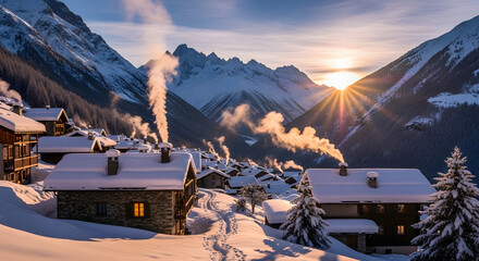 Winter wonderland village in the alps mountains with snow covered houses and trees at sunset travel