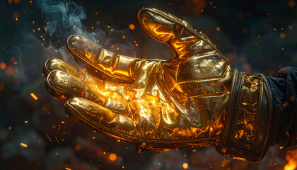 Close-up of a golden metallic glove radiating warm light with fire sparks and smoke, symbolizing power, strength, and futuristic energy.