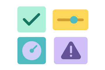 Colorful user interface icons set featuring checkmark, slider, timer, and warning symbols