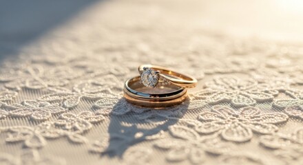 Wedding rings sit on delicate lace, catching sunlight in a romantic, intimate close-up