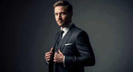 Well-dressed man in a tailored suit, posing with hands near the lapels, against a gray backdrop