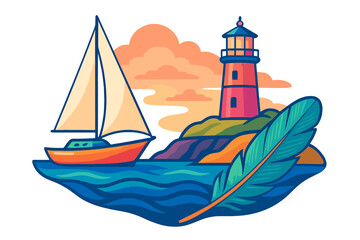 Colorful coastal scene with a sailing boat, lighthouse on a cliff, and a prominent feather in the foreground