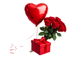 Red Heart Balloon, Rose, and Ribbon Gift Box, Transparent Background.