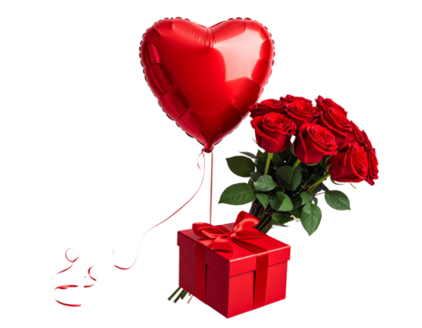 Red Heart Balloon, Rose, and Ribbon Gift Box, Transparent Background. - Powered by Adobe