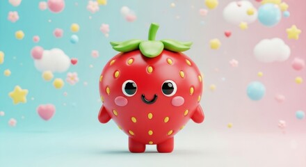 Whimsical, animated strawberry character with a cheerful expression and pastel background