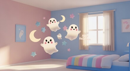 Whimsical pastel room with floating cartoon ghosts and Halloween decor