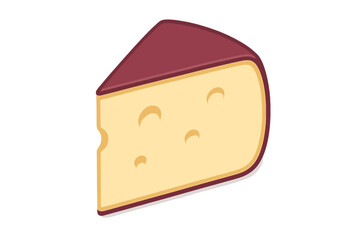 Delicious wedge of yellow Swiss cheese with characteristic holes and a dark red rind
