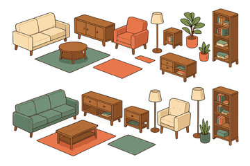 Isometric set of modern living room furniture including sofas, armchairs, tables, lamps, and bookshelves