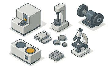Isometric laboratory equipment set with microscope, testing machines, and samples for scientific research