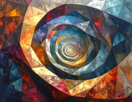 A vibrant abstract composition resembling an eye, formed by triangular shapes and a spiral in the center. Colors range from warm to cool tones