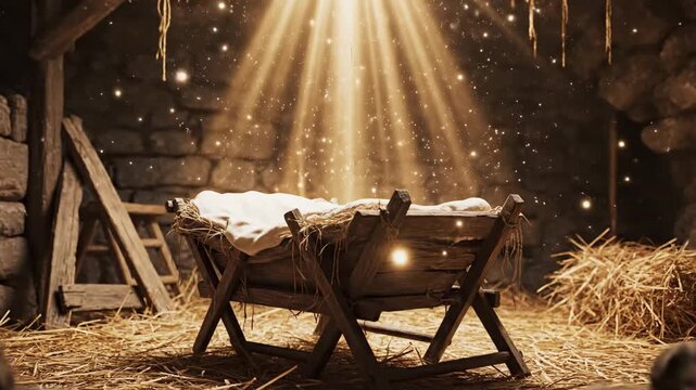 Christian Christmas concept - Divine Light from Space: The Star of Bethlehem Illuminating Earth and the Awaited Manger during  Nativity scene - video christmas card.