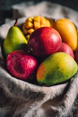 A vibrant assortment of ripe mangoes and exotic fruits in a rustic basket
