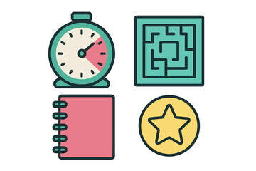 Set of productivity and achievement symbols including timer clock maze notebook and star medal