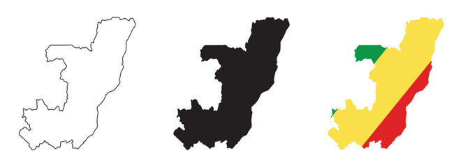 Republic of the Congo map vector set with editable country outline black silhouette and national flag featuring green yellow red diagonal stripes for geography, culture, and education illustration