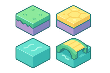Obraz premium Isometric game tiles set for map creation showing terrain blocks: grass, desert, water, and bridge