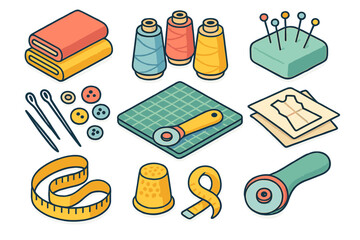 Colorful isometric collection of sewing and crafting supplies for tailoring