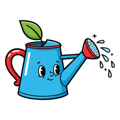 Cartoon Vector Illustration of Cute Watering Can with Leaf in Modern Minimalist Style Bright Colors