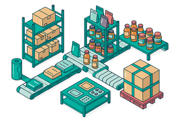 Automated factory production line in isometric view featuring conveyor belts, packaging, storage, and shipping boxes
