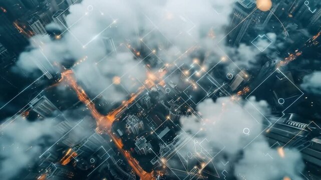 Aerial view of modern smart city at night, urban landscape with digital network overlay, glowing data connections, and clouds - Powered by Adobe